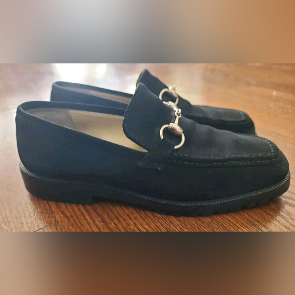 Gucci Black Suede slip on shoe loafer silver Horsebit Women's US 8